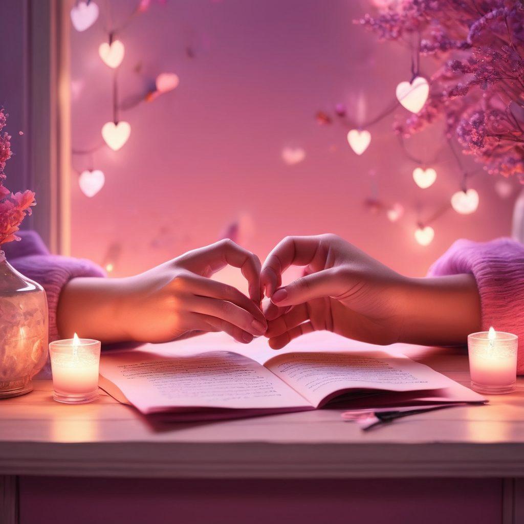 A warm, inviting scene depicting a couple sharing their love languages through various gestures: one writing a heartfelt note, the other offering a small gift. Surrounding them, symbols of affection like heart shapes, intertwined hands, and soft glowing lights to represent emotional connection. The background softly fades into shades of pink and lavender, enhancing the romantic atmosphere. 3D, vibrant colors, soft focus.