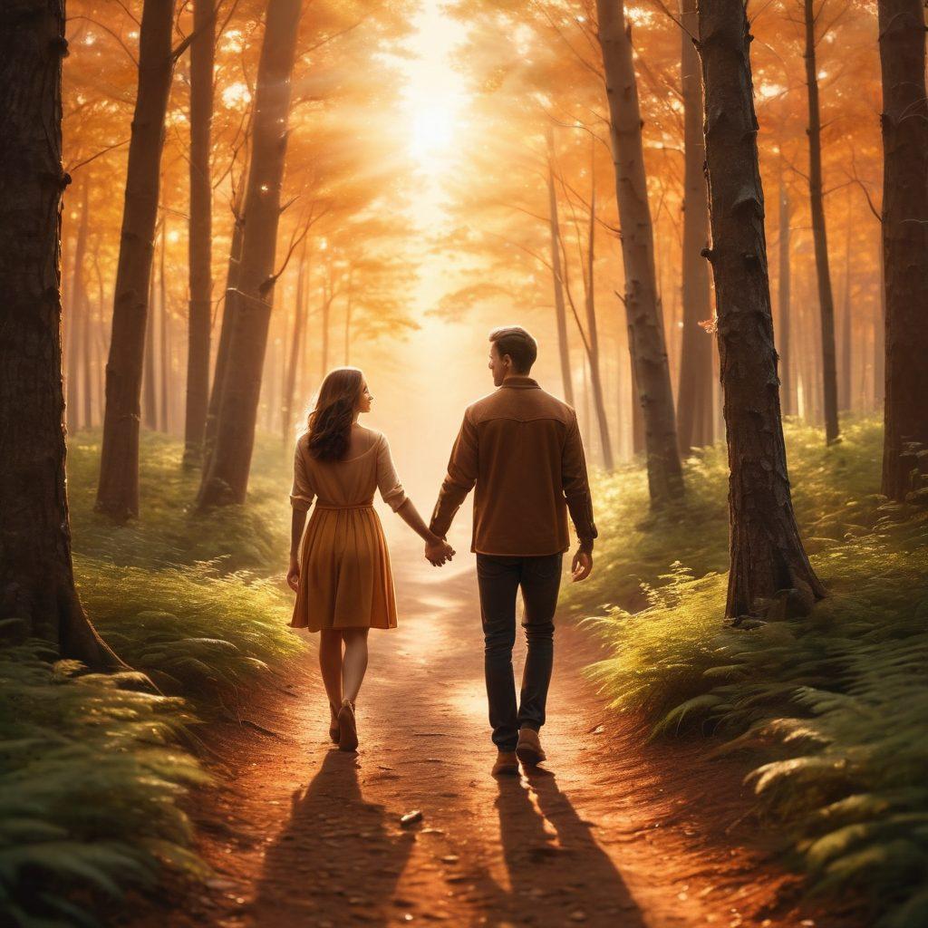 A heartwarming scene of a couple holding hands, walking through a beautifully lit forest, symbolizing their journey from sweethearts to soulmates. Soft glowing lights hang from the trees, creating an intimate atmosphere, while the sun sets in the background, casting warm hues across the landscape. Elements representing commitment, like intertwined rings, subtly incorporated into the surroundings. super-realistic. warm colors. natural background.