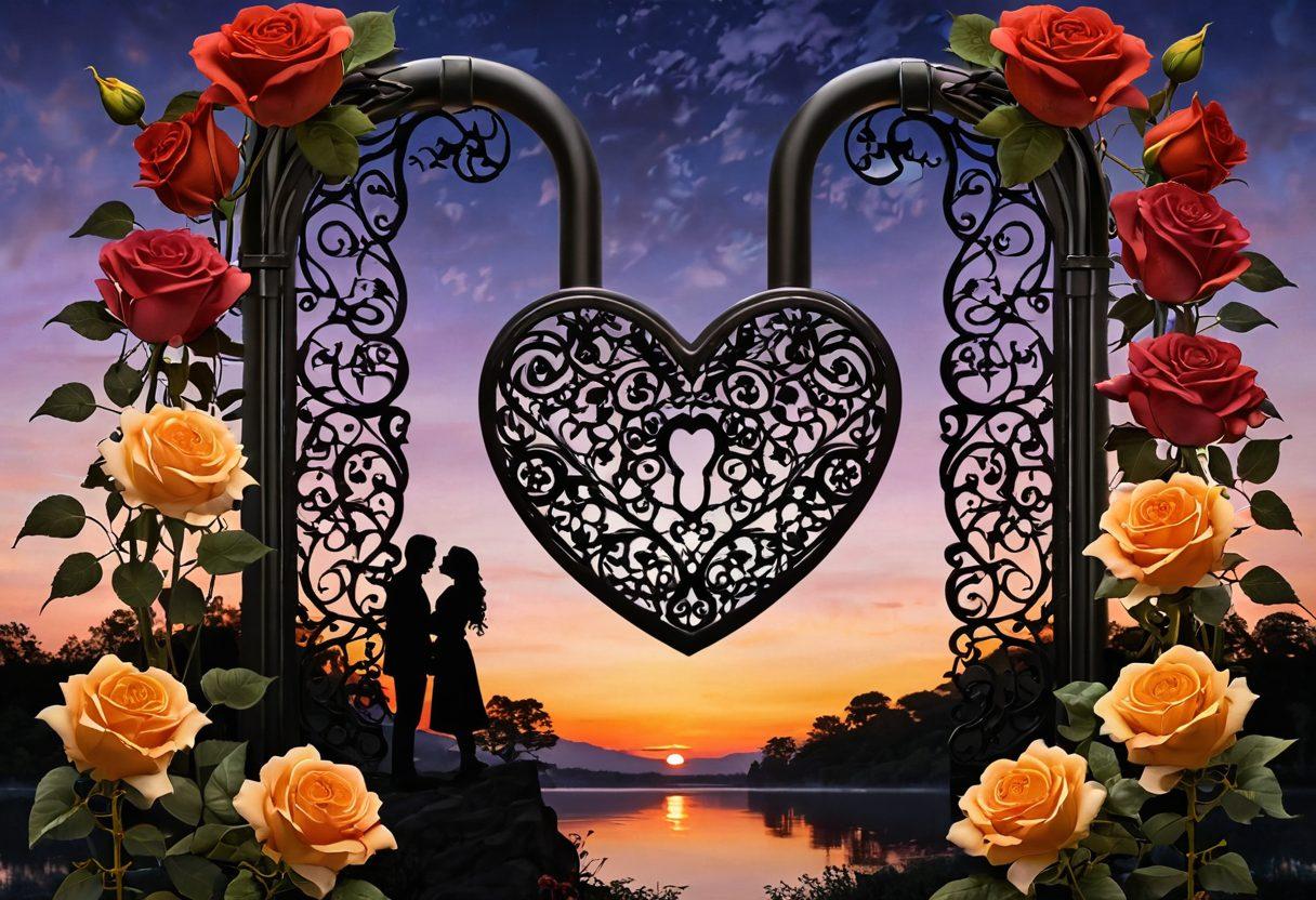A heart-shaped lock with intricate designs, symbolizing secrets of lasting love, surrounded by vibrant roses and entwined vines representing passion, intimacy, and commitment. In the background, silhouettes of a couple holding hands under a twilight sky, reflecting connection and warmth. The scene is bathed in soft, romantic lighting to evoke emotions. super-realistic. vibrant colors. intimate atmosphere.